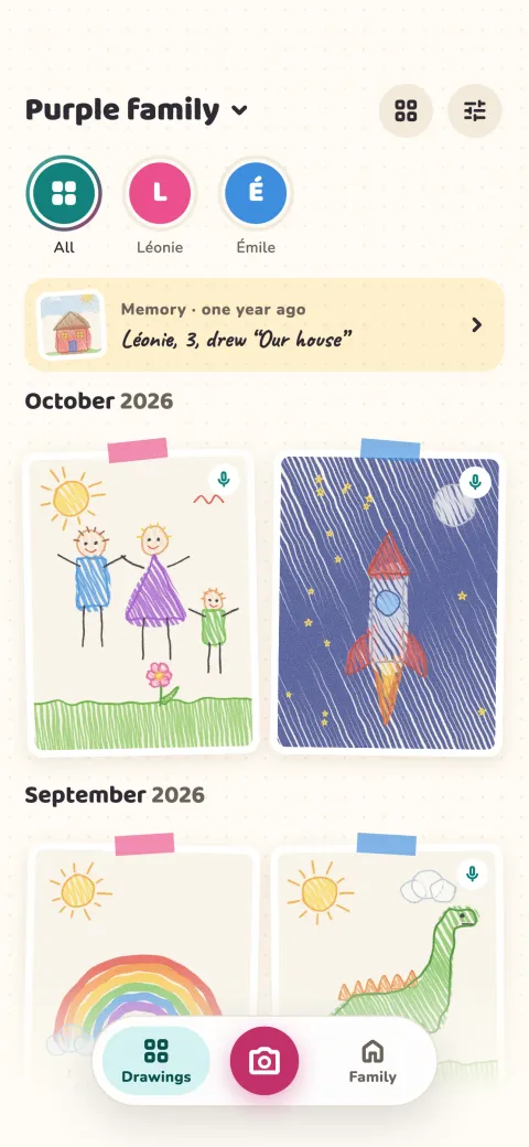 Timeline: drawings sorted by month, filtered by child, with a memory from one year ago