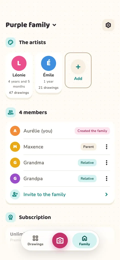 Family: the children, the invite code for grandparents and the members