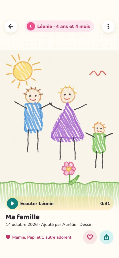 Un dessin en grand, avec l'âge de l'enfant, la date et le mémo vocal